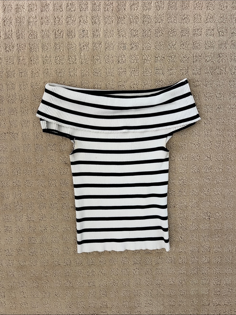 Striped Off-Shoulder Ribbed Knit Top - Black & White